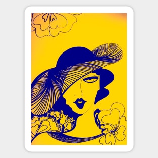 RETRO SUNSHINE YELLOW INDIGO 70S DECO LADY WITH HAT OP ART PRINT Sticker